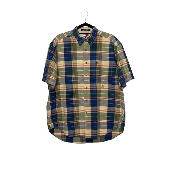 Tommy Hilfiger blue plaid short sleeves button men shirts size L - Picture 6 of 11
